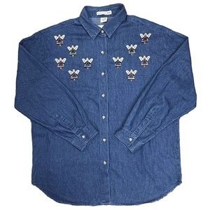 Maggie & Max Women's Long Sleeve Blue Denim Embroidered Angels Button Up | XL